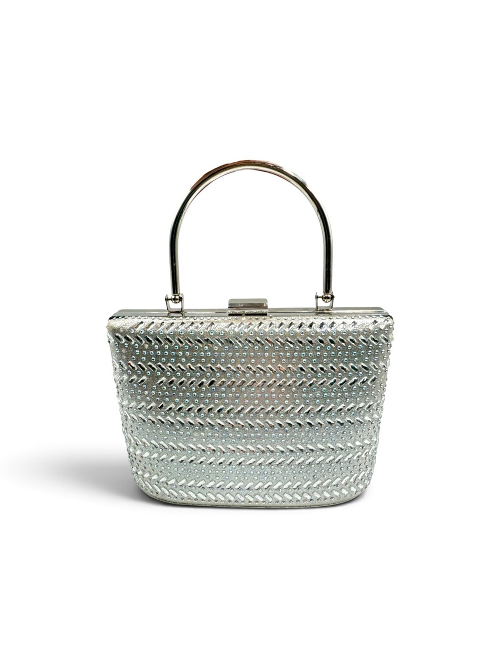 Vintage 90s Y2K Silver Metallic Rhinestone Hard Frame Evening Handbag Purse